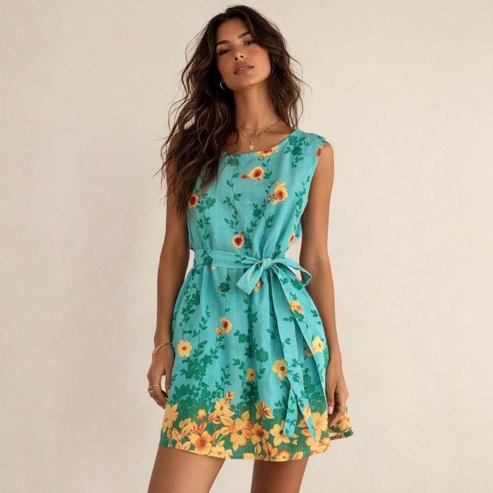 Vintage 90s Floral Belted Mini Dress Beach Resort Wear Aloha Size XL
